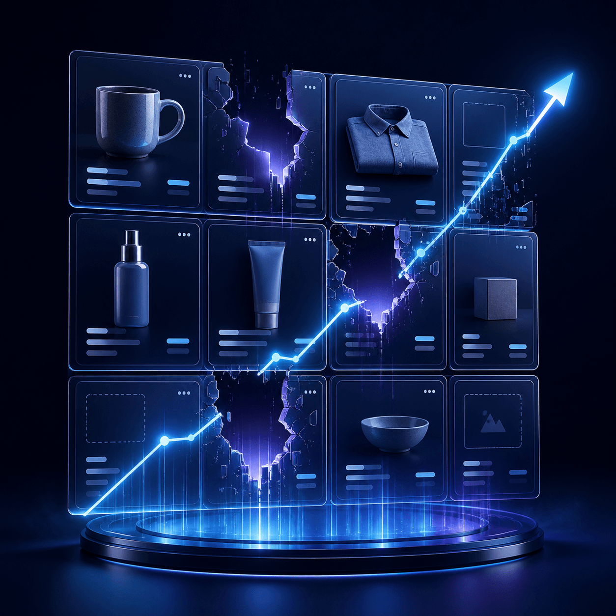 Product catalog cards with hidden content gaps and a rising growth line